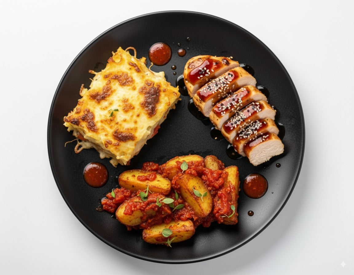 Pollo teriyaki con Pasta gratinada y Patatas a la napolitana