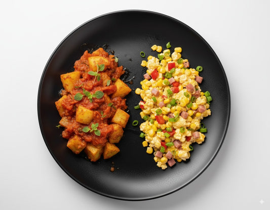 Patatas a la napolitana y Revuelto de maíz, pimientos y jamón