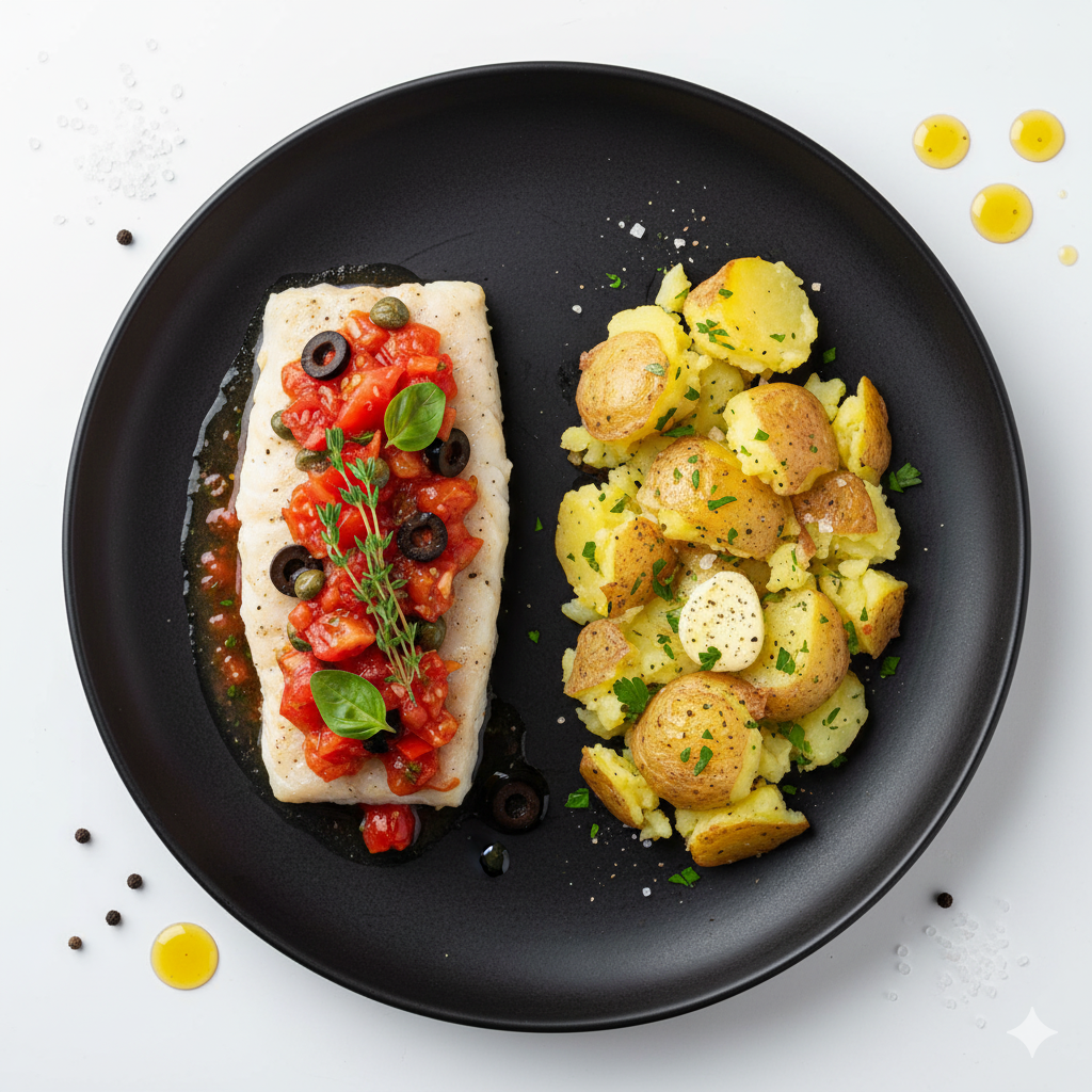 merluza en salsa de tomate Patatas chafadas