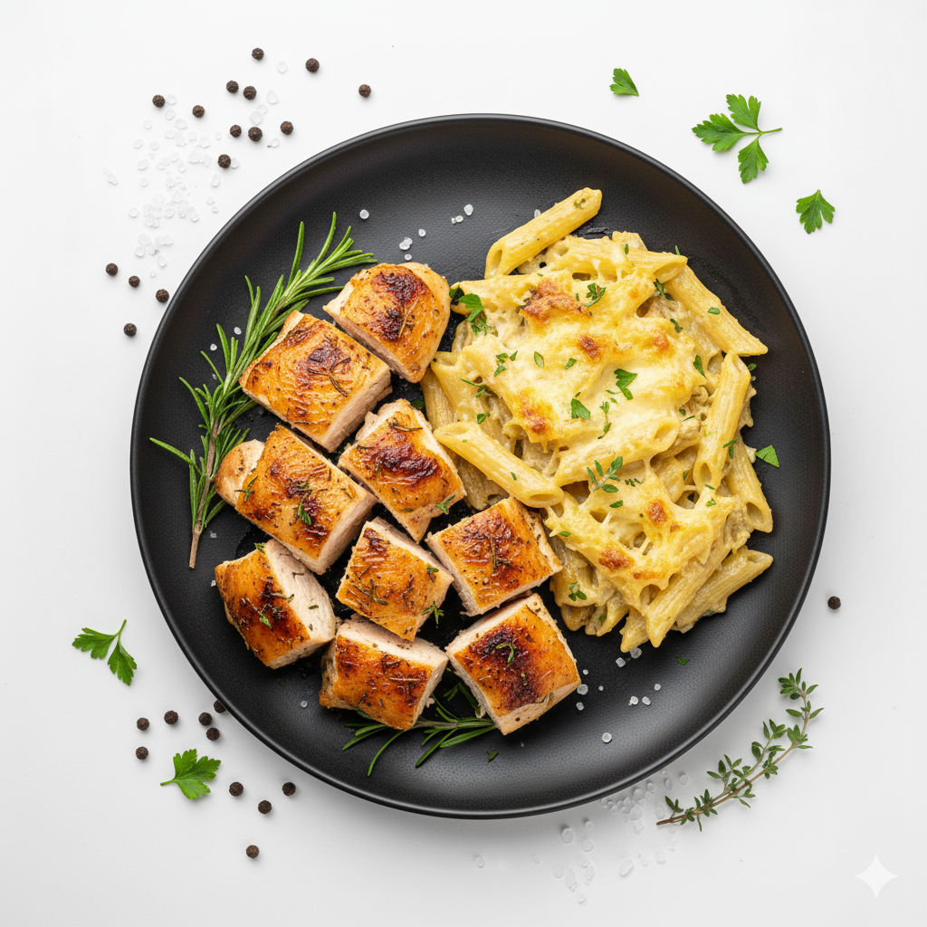 Pollo asado a las hierbas con pasta gratinada