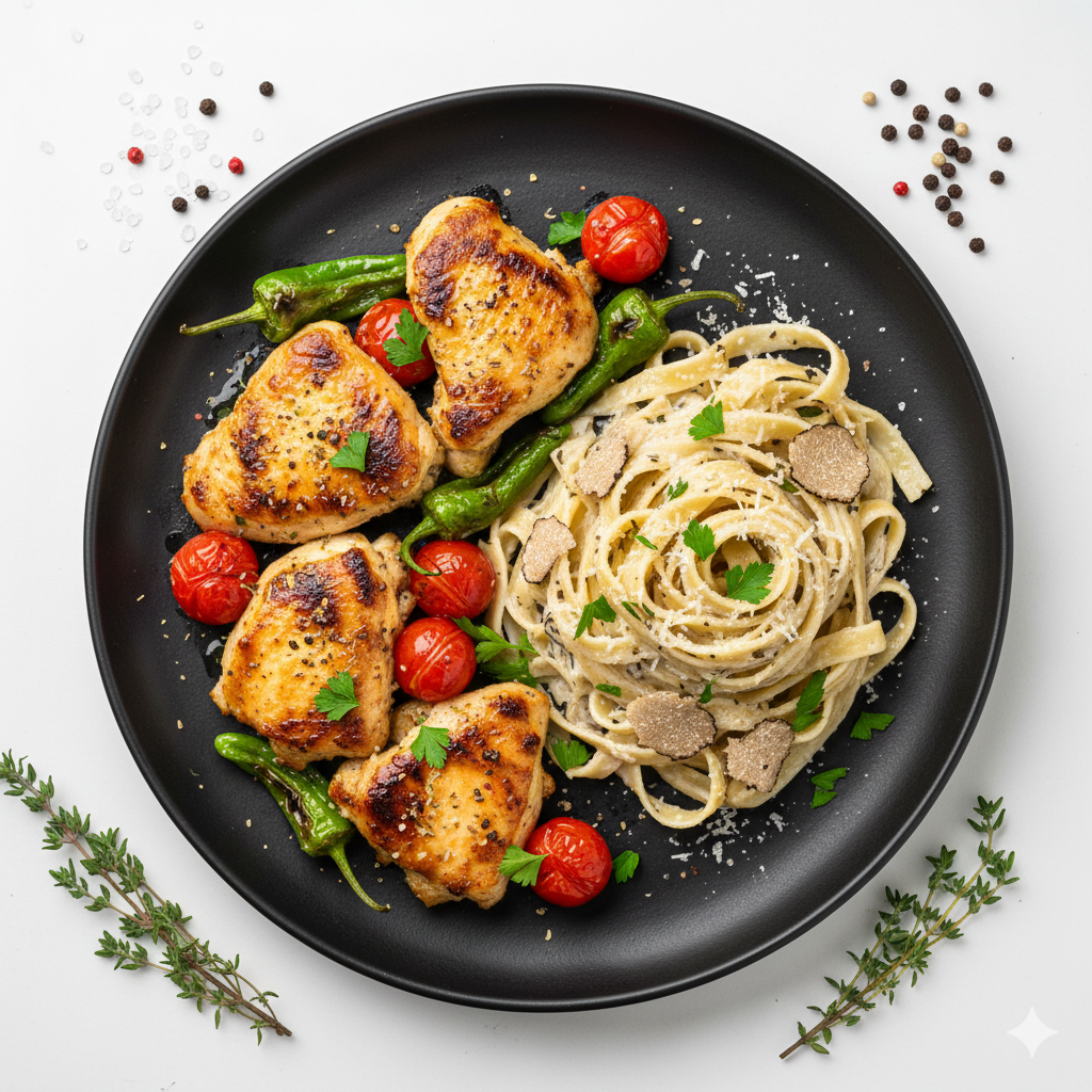 pollo a la griega con hierbas cherry y pimientos del padrón con Pasta trufada
