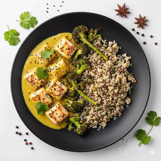 Sepia en salsa curry con quinoa con semillas y crocante de brocoli